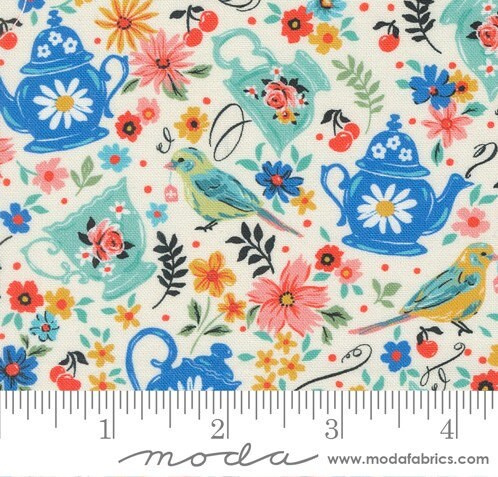 Julia Tea Time Novelty Flowers Birds in Porcelain by Crystal Manning for Moda. Continuous cuts of Quilter's Cotton Fabric