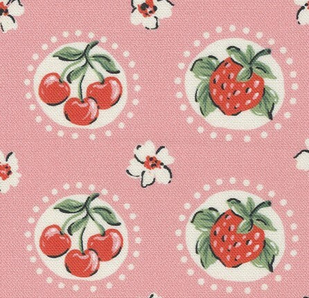 Julia Shortcake Novelty Cherry Strawberry Flower in Carnation Pink by Crystal Manning for Moda. Continuous cuts of Quilter's Cotton Fabric