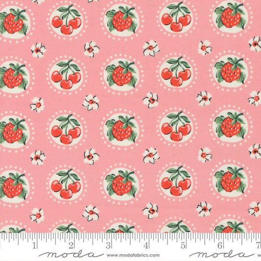 Julia Shortcake Novelty Cherry Strawberry Flower in Carnation Pink by Crystal Manning for Moda. Continuous cuts of Quilter's Cotton Fabric