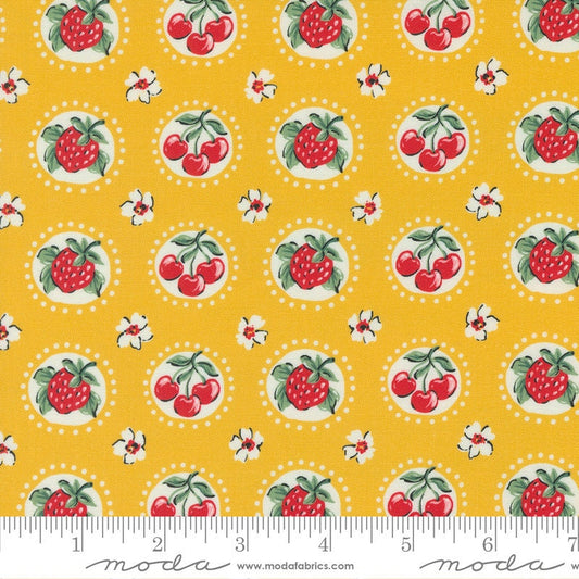 Julia Shortcake Novelty Cherry Strawberry Flower in Lemon Zest by Crystal Manning for Moda. Continuous cuts of Quilter's Cotton Fabric