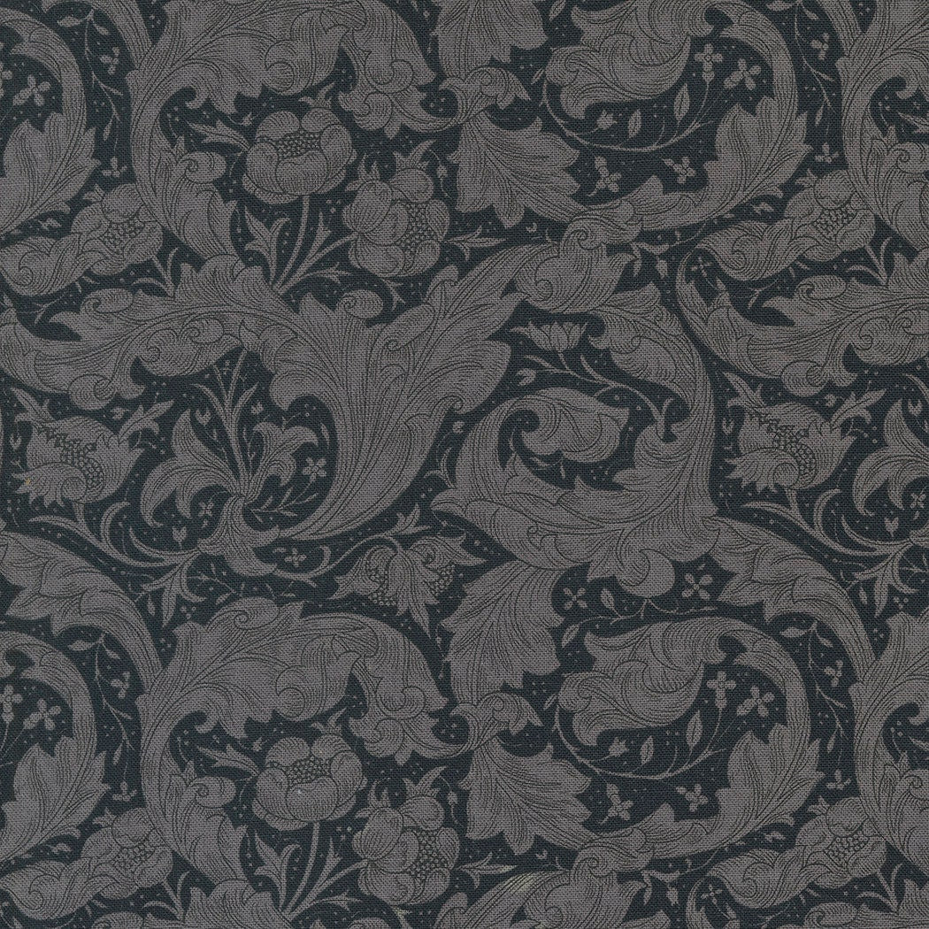 Bachelors Button Florals Leaf in Ebony from the Ebony Suite collection by Barbara Brackman for Moda. Continuous cuts of Quilter's Cotton