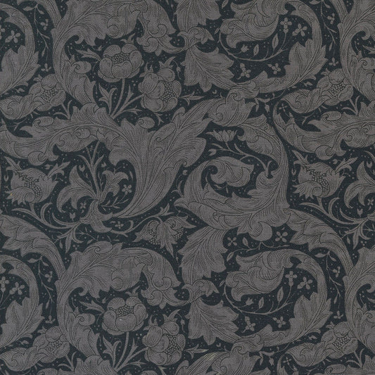 Bachelors Button Florals Leaf in Ebony from the Ebony Suite collection by Barbara Brackman for Moda. Continuous cuts of Quilter's Cotton
