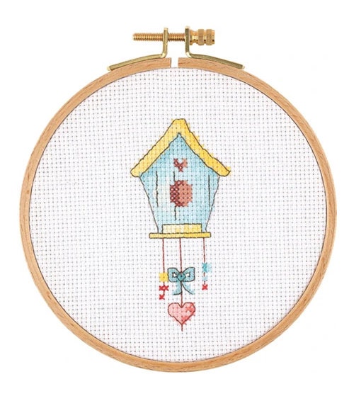 Birdhouse Counted Cross Stitch Kit with DMC Floss and Wooden Hoop by Tuva