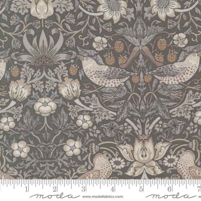 Strawberry Thief Damask Birds in Charcoal from the Ebony Suite collection by Barbara Brackman for Moda. Continuous cuts of Quilter's Cotton