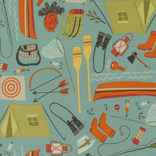 Camping Gear in Sky from the Great Outdoors collection by Stacy Iest Hsu for Moda continuous cuts of Quilter's Cotton Fabric