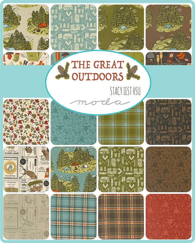 Camping Gear in Sky from the Great Outdoors collection by Stacy Iest Hsu for Moda continuous cuts of Quilter's Cotton Fabric