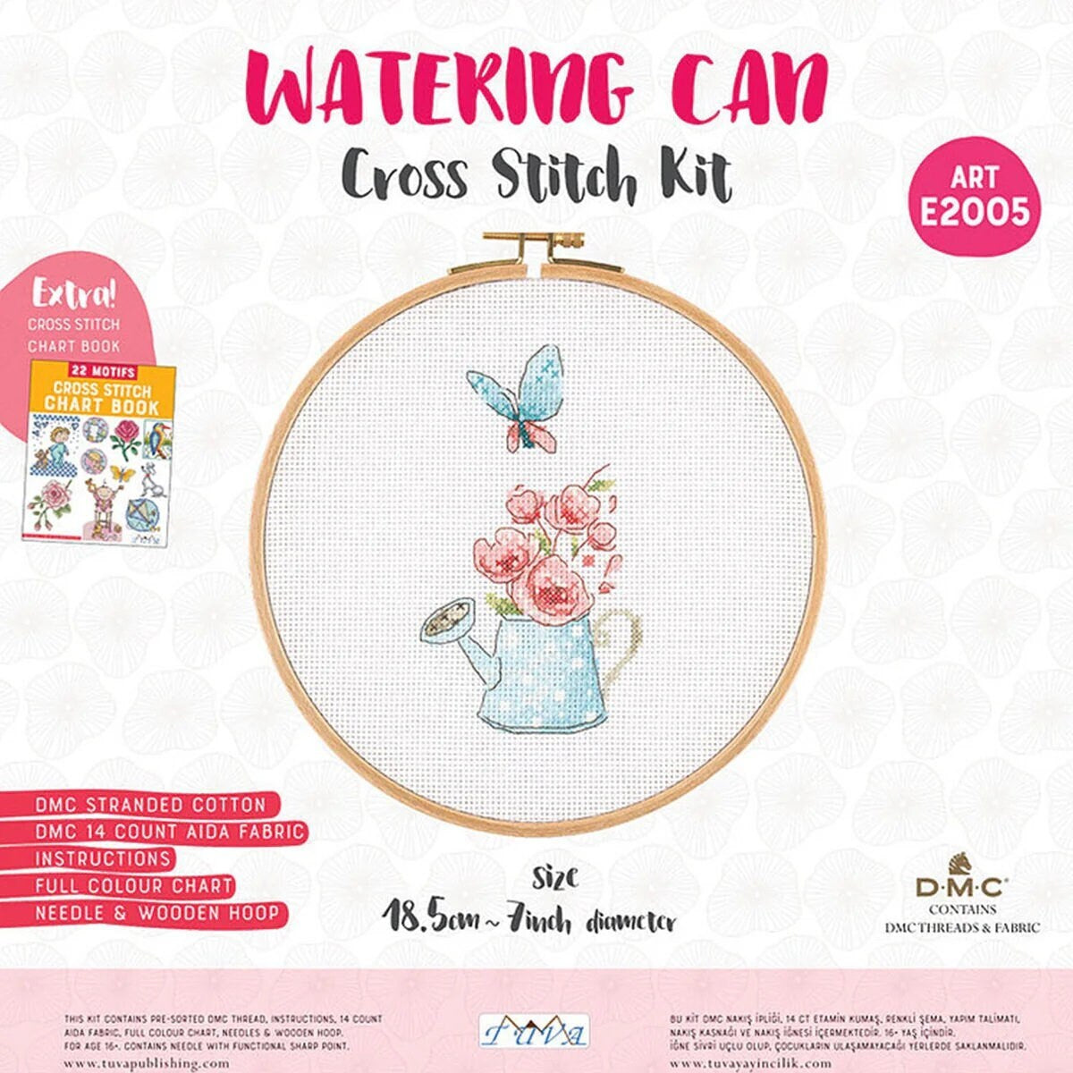 Watering Can Counted Cross Stitch Kit with DMC Floss and Wooden Hoop by Tuva