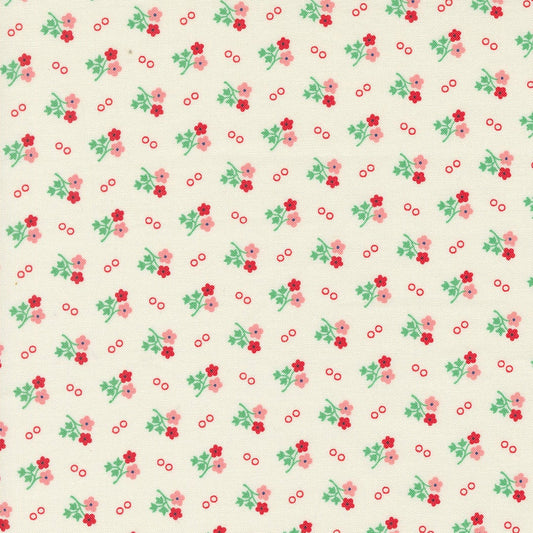 30's Playtime Daisy Dot Ditsy Dot in Eggshell Scarlet by Moda continuous cuts of Quilter's Cotton Fabric