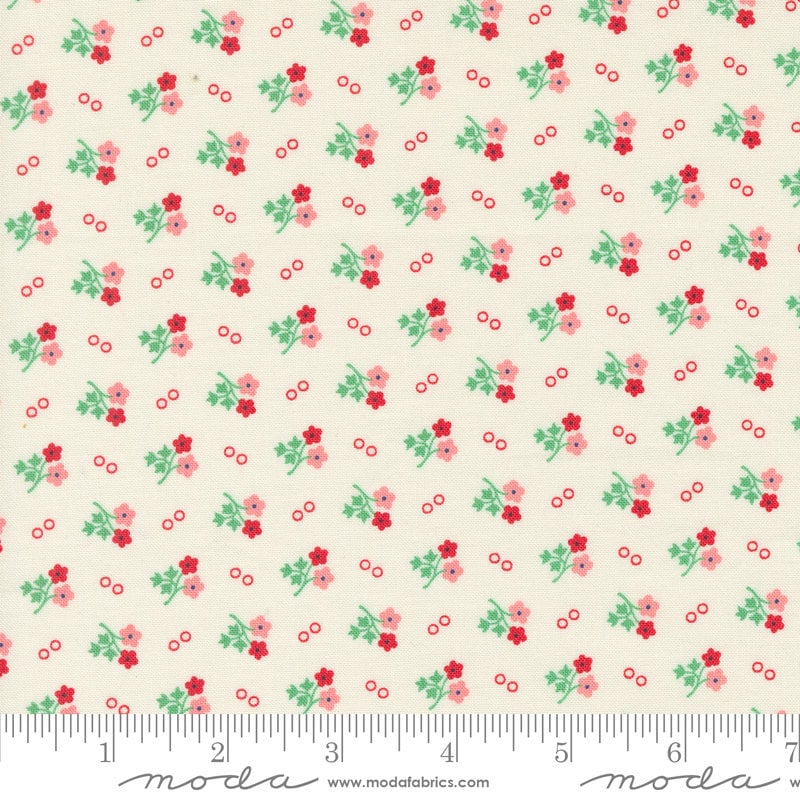 30's Playtime Daisy Dot Ditsy Dot in Eggshell Scarlet by Moda continuous cuts of Quilter's Cotton Fabric