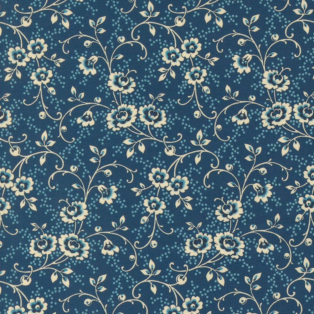 Lydia's Lace Jessie's Bouquet in Indigo by Betsy Chutchian for Moda Fabrics. Continuous cuts of Quilter's Cotton Fabric