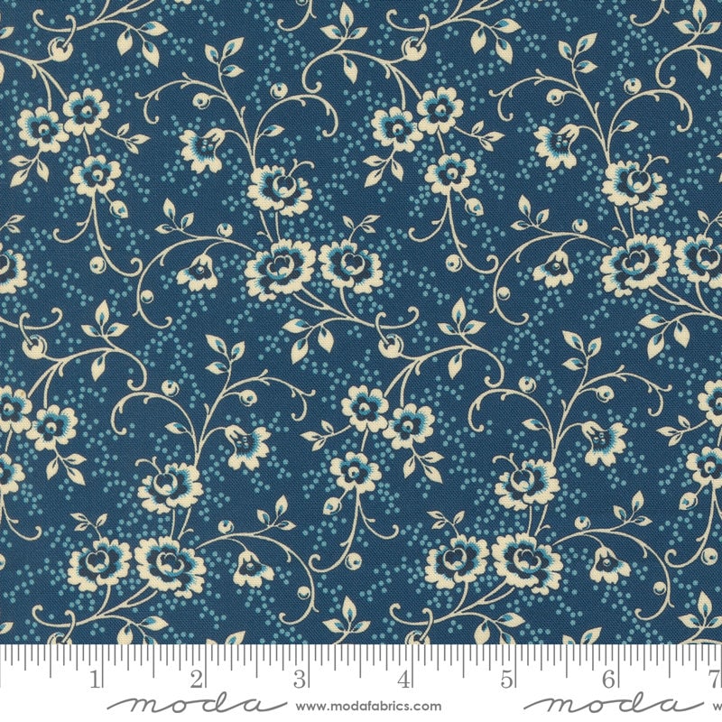 Lydia's Lace Jessie's Bouquet in Indigo by Betsy Chutchian for Moda Fabrics. Continuous cuts of Quilter's Cotton Fabric