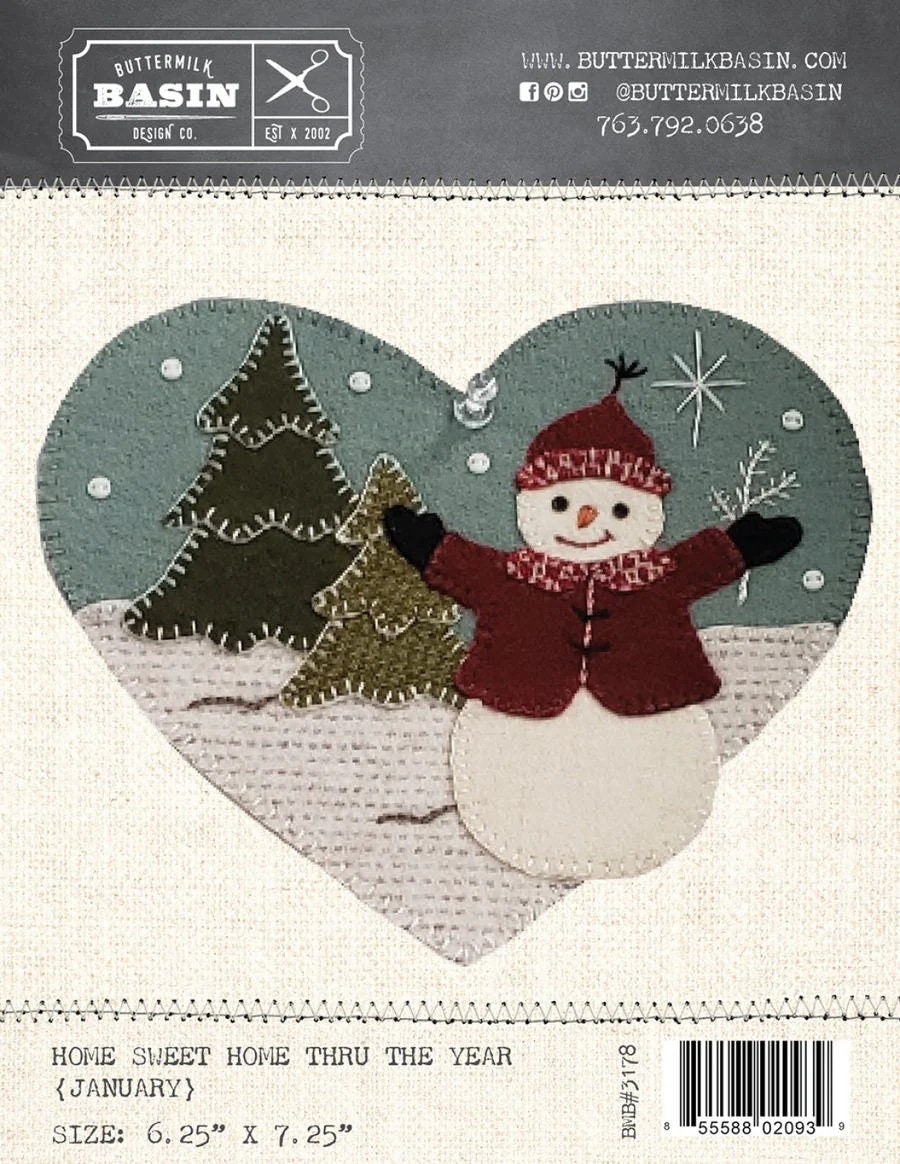 Home Sweet Home January Heart Pattern by Stacy West of Buttermilk Basin, Snowman and Trees 6.25 inch by 7.35 inch heart