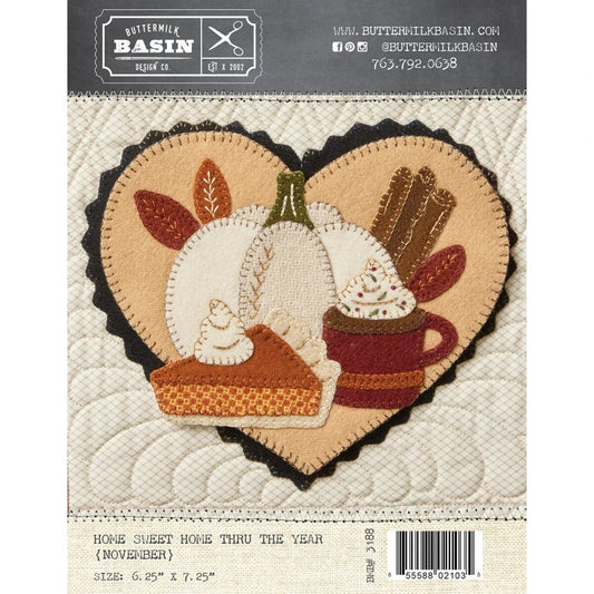 Home Sweet Home November Heart Pattern by Stacy West of Buttermilk Basin, Pumpkin Pie and Cocoa 6.25 inch by 7.25 inch heart