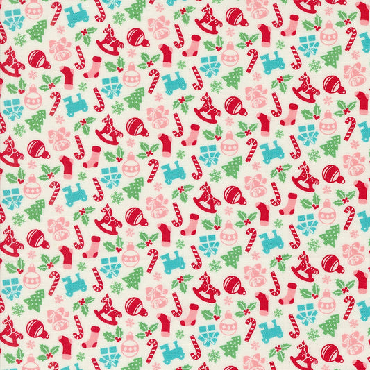 Toy Box Novelty Candy Canes in Snow from Kitty Christmas by Urban Chiks for Moda continuous cuts of Quilter's Cotton Fabric