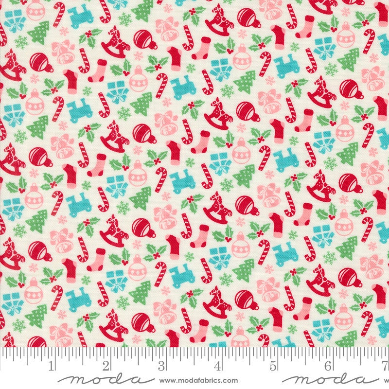 Toy Box Novelty Candy Canes in Snow from Kitty Christmas by Urban Chiks for Moda continuous cuts of Quilter's Cotton Fabric