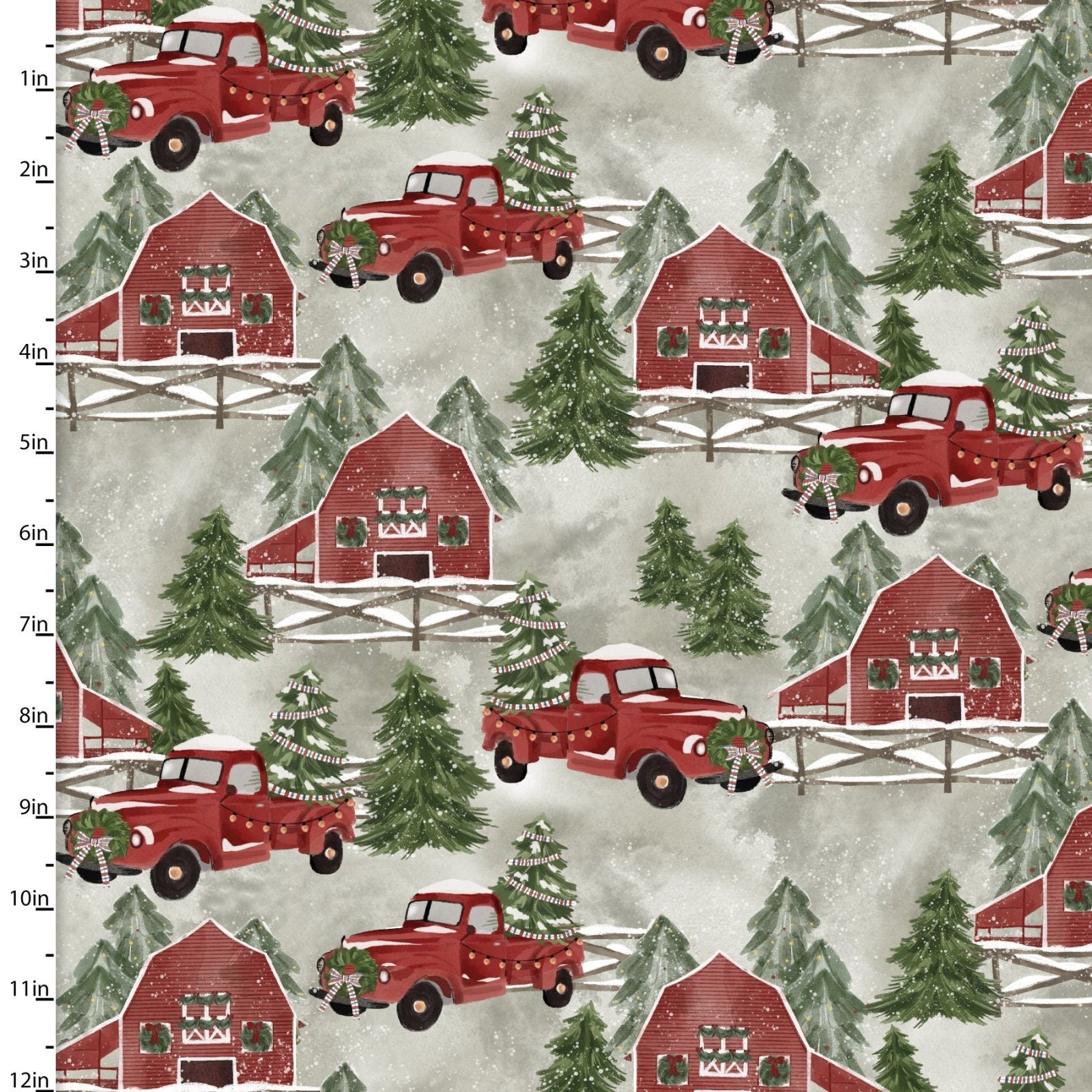 Christmas in the Country Red Truck and Barn in Sage by 3 Wishes continuous cuts of Quilter's Cotton Fabric