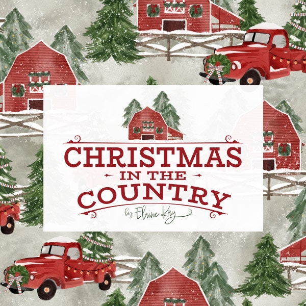 Christmas in the Country Red Truck and Barn in Sage by 3 Wishes continuous cuts of Quilter's Cotton Fabric