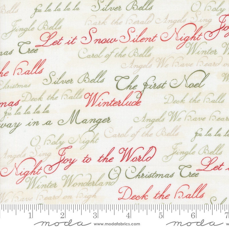 Christmas Carols Texts & Words in Snowflake from A Christmas Carol by 3 Sisters for Moda continuous cuts of Quilter's Cotton Fabric