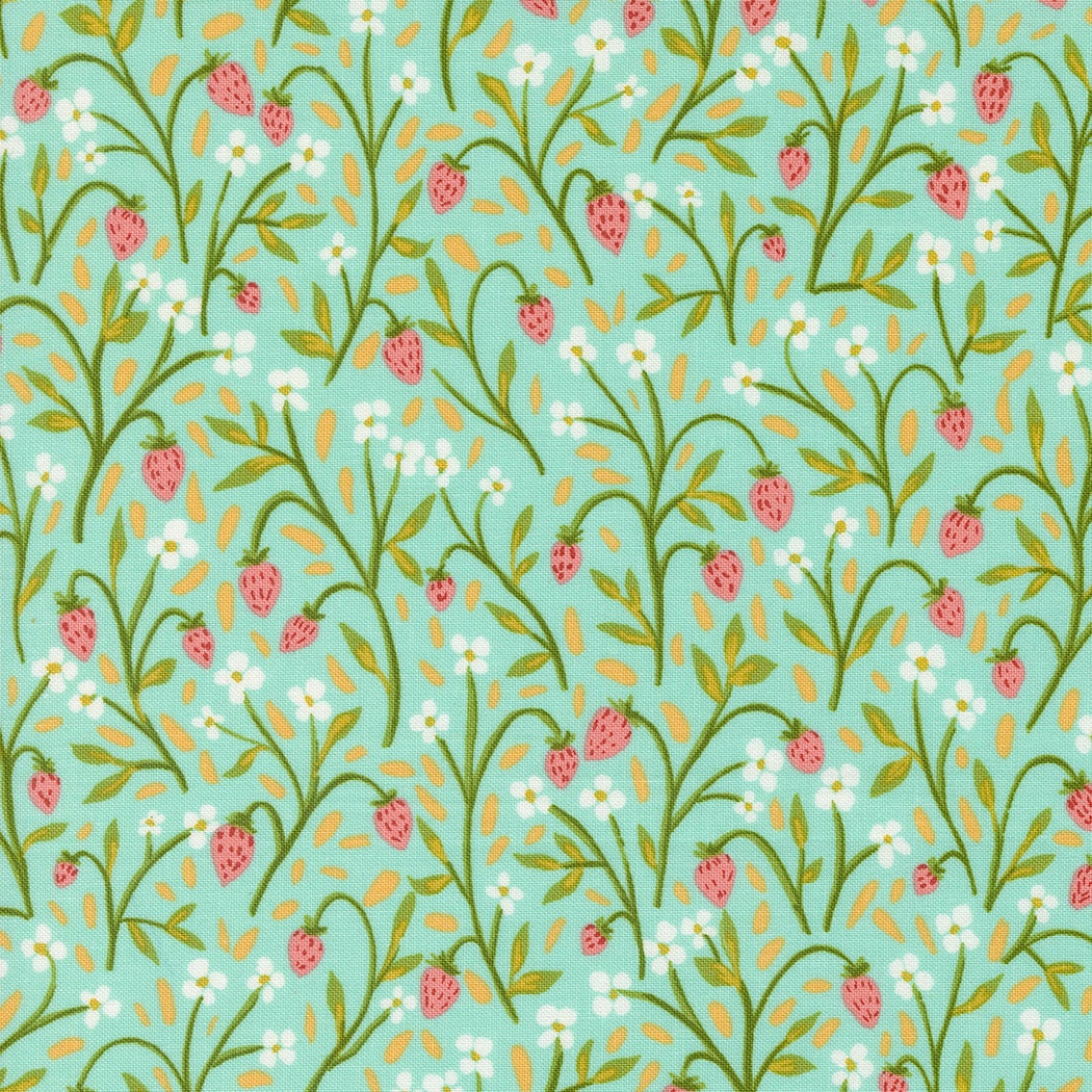 Strawberry Meadow in Aqua from the Kindred Collection by 1 Canoe 2 for Moda Continuous cuts of Quilter's Cotton