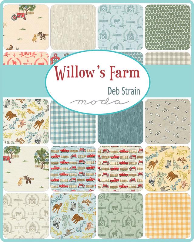 Willow's Farm by Deb Strain for Moda Quilter's Cotton Fat Quarter Bundle. 27 Fat Quarters of 18 inch x 22 inch plus a 24 x 45 panel