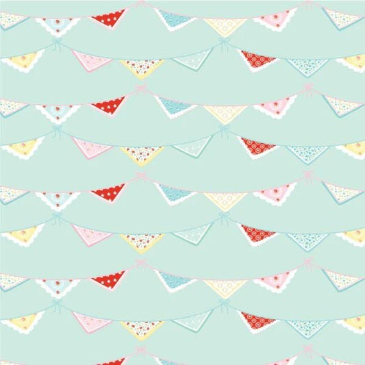 Bunting Print in Mint from Market Day by Poppie Cotton continuous cuts of Quilter's Cotton Fabric