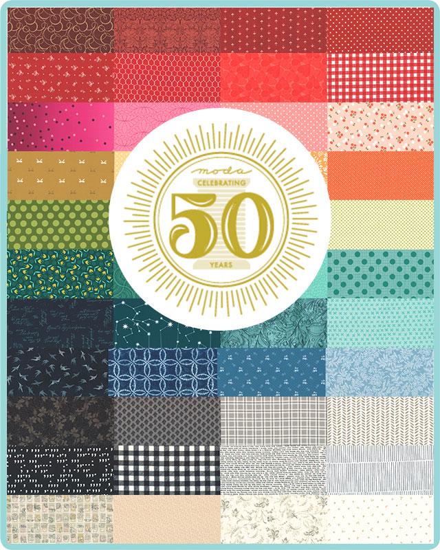 Celebrating 50 Years of Moda Fabrics. Quilter's Cotton Dessert Roll of 20 5 x 45 inch strips.