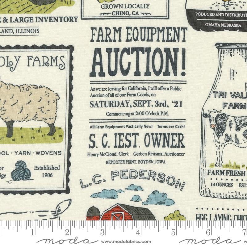 Vintage Farm Advertisement in Porcelain from the Farmstead collection by Stacy Iest Hsu for Moda continuous cuts of Quilter's Cotton Fabric