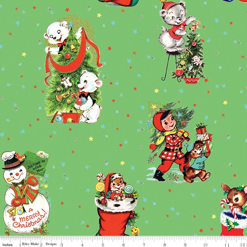 Jingle Bells Main in Green by Lindsay Wilkes for Riley Blake Designs. Continuous Cuts of Quilter's Cotton fabric