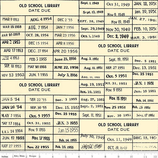 Old School Library Card in Parchment by J. Wecker Frisch for Riley Blake Designs. Continuous Cuts of Quilter's Cotton fabric.