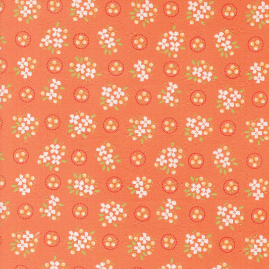 Ring Around Posies Small Floral in Melon from the Cali & Co Collection by Corey Yoder for Moda. Continuous cuts of Quilter's Cotton Fabric