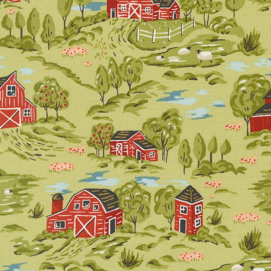 Vintage Farmstead Landscape Scene in Celery by Stacy Iest Hsu for Moda continuous cuts of Quilter's Cotton Fabric