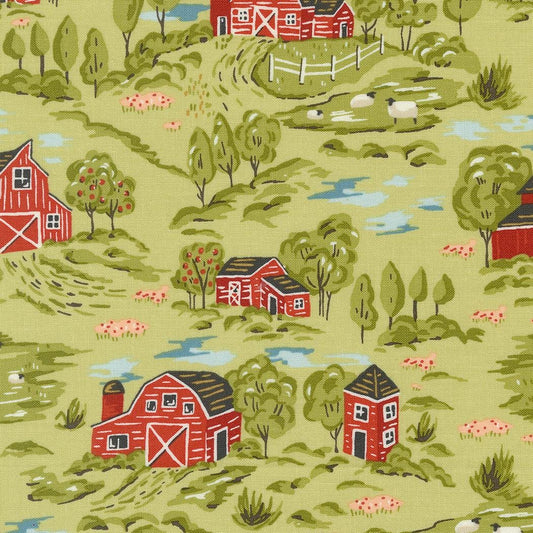 Vintage Farmstead Landscape Scene in Celery by Stacy Iest Hsu for Moda continuous cuts of Quilter's Cotton Fabric