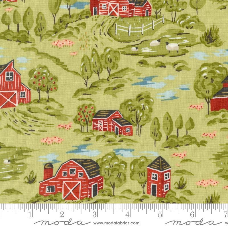 Vintage Farmstead Landscape Scene in Celery by Stacy Iest Hsu for Moda continuous cuts of Quilter's Cotton Fabric