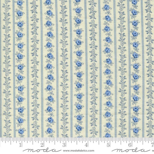 Floral Stripe in Jasmine Sky of the Hollyhocks & Roses collection by Bunny Hill Designs for Moda continuous cuts of Quilter's Cotton Fabric
