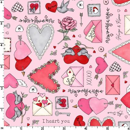 I Heart You Focal print in Pink by Kris Lammers for Maywood Studio, continuous cuts of Quilter's Cotton Fabric