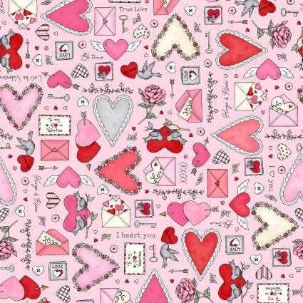 I Heart You Focal print in Pink by Kris Lammers for Maywood Studio, continuous cuts of Quilter's Cotton Fabric