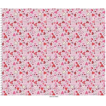 I Heart You Focal print in Pink by Kris Lammers for Maywood Studio, continuous cuts of Quilter's Cotton Fabric