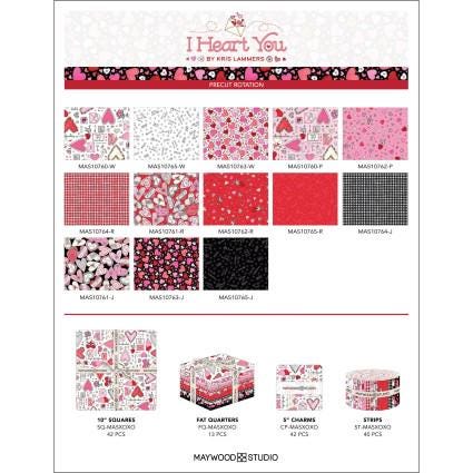 I Heart You by Kris Lammers for Maywood Studio Charm Pack of 42 5 x 5 inch squares of Quilter's Cotton