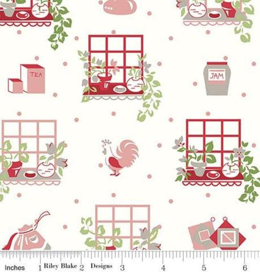 Cook Book Window in Coral by Lori Holt for Riley Blake Designs. Continuous Cuts of Quilter's Cotton fabric.