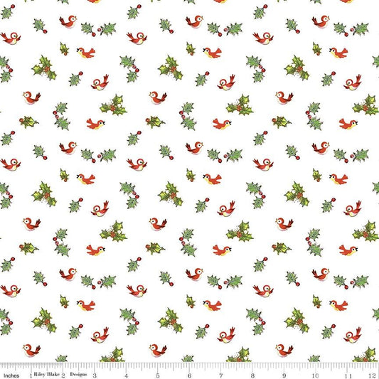 Jingle Bells Holly Birds in White by Lindsay Wilkes for Riley Blake Designs. Continuous Cuts of Quilter's Cotton fabric.