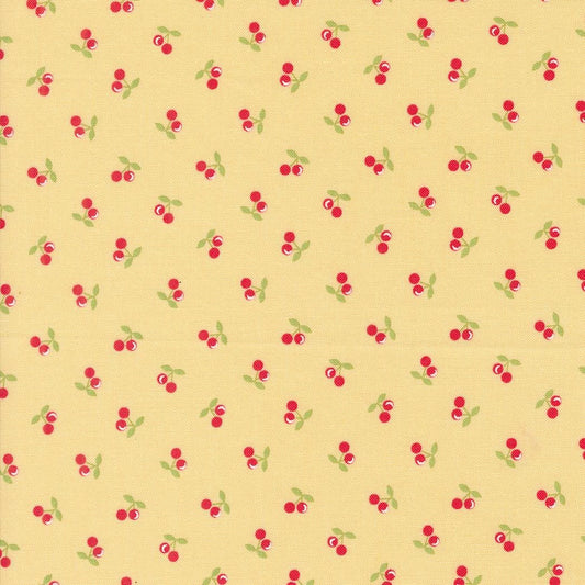 Cherries Novelty in Soft Yellow from the Cali & Co Collection by Corey Yoder for Moda. Continuous cuts of Quilter's Cotton Fabric