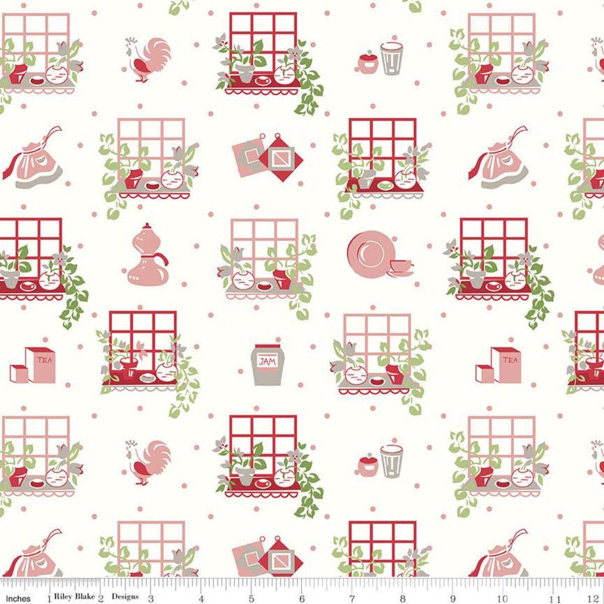 Cook Book Window in Coral by Lori Holt for Riley Blake Designs. Continuous Cuts of Quilter's Cotton fabric.