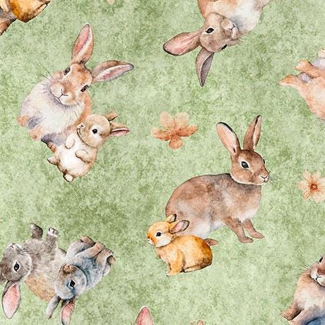 Tossed Bunnies in Sage from the Hunny Bunny collection by QT Fabrics continuous cuts of Quilter's Cotton Fabric