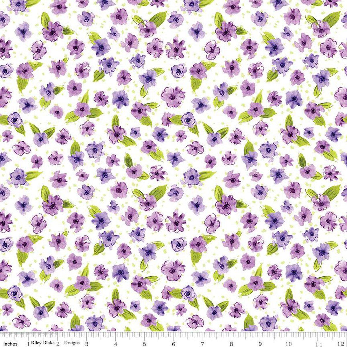 Plum Petals Small Flowers in Cloud by Diane Labombarbe for Riley Blake Designs. Continuous Cuts of Quilter's Cotton fabric.