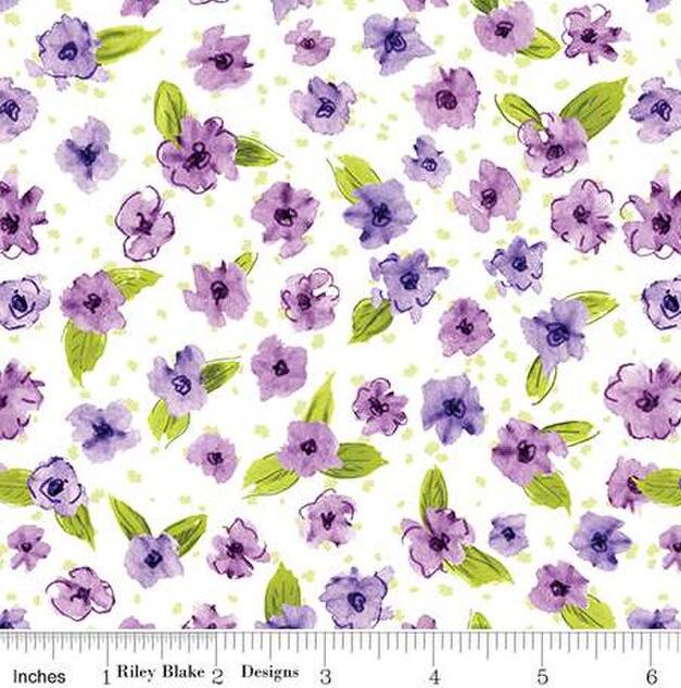 Plum Petals Small Flowers in Cloud by Diane Labombarbe for Riley Blake Designs. Continuous Cuts of Quilter's Cotton fabric.