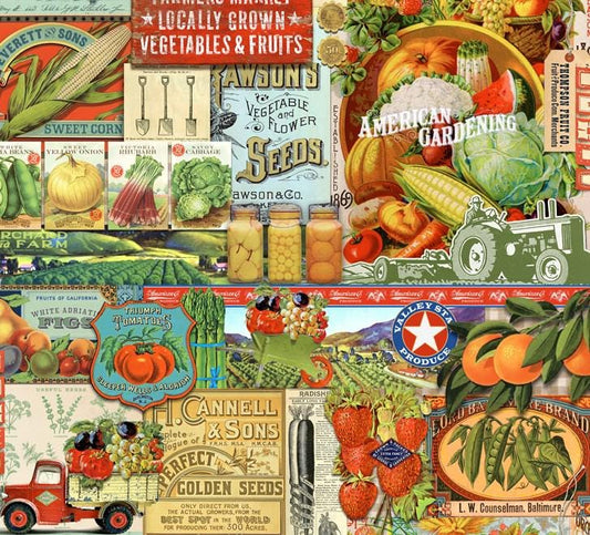 Novelty Collage Farm Vegetables in Garden from Farm and Garden by Cathe Holden for Moda. Continuous cuts of Quilter's Cotton