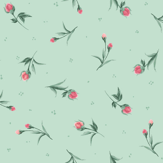 Buds in Green from the Garden Picnic collection by Maywood Studio continuous cuts of Quilter's Cotton Fabric