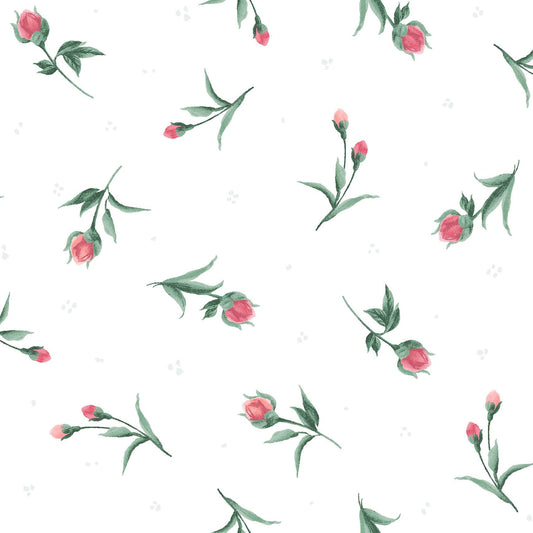 Buds in White from the Garden Picnic collection by Maywood Studio continuous cuts of Quilter's Cotton Fabric