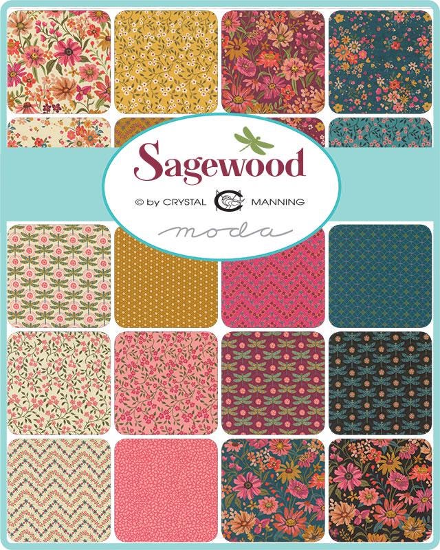 Sagewood Dogwood Small Floral in Night Sky by Crystal Manning for Moda. Continuous cuts of Quilter's Cotton Fabric