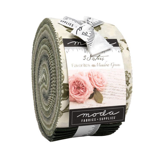 3 Sisters Favorites Vintage Linens Meadow Greens for Moda Fabrics. Quilter's Cotton Strips 40 piece collection of 2.5 inch by 44 inch strips